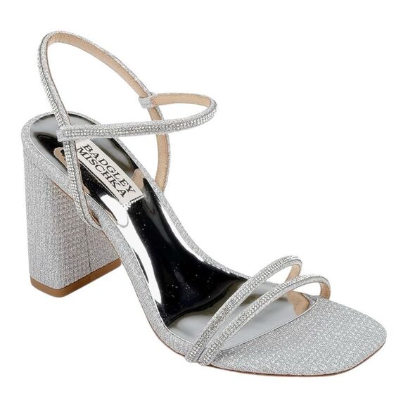 Badgley Mischka Firey Bejeweled Silver Rhinestone Block Heel Sandal Size 5 NWOT - Picture 1 of 8